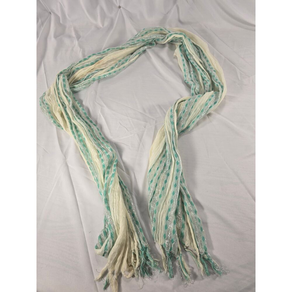 Ivory Aqua Silver Metallic Crinkle Scarf Floral Stripe Sheer Lightweight Boho